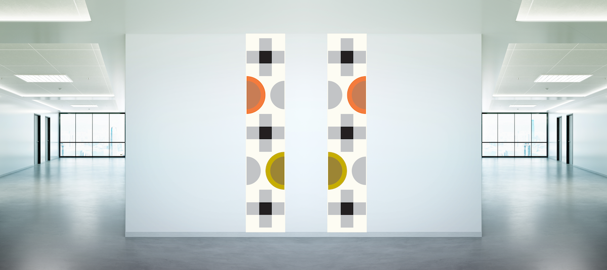 "APELSIN & CITRON" - Textiltryckt unik konst i ull grått, gult, orange och svart i ett geometriskt formspråk.