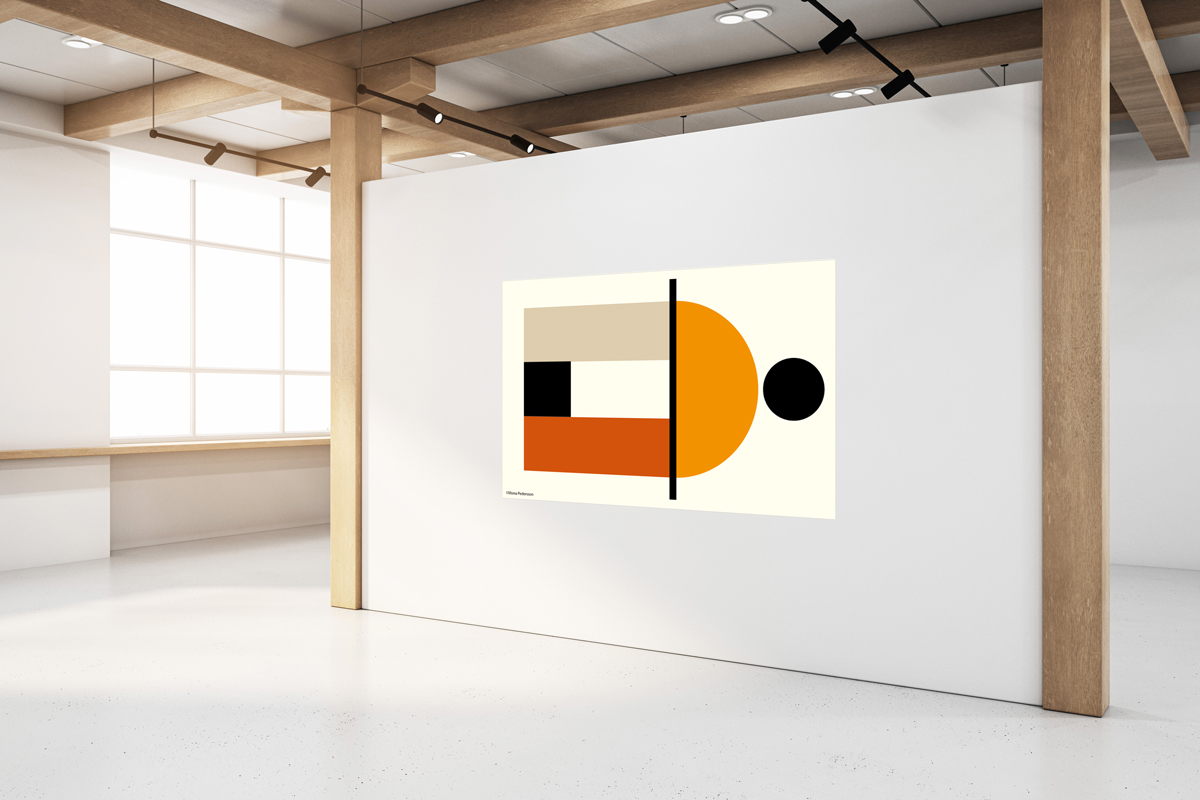 "ELD & STAD" - Textiltryckt unik konst i ull grått, orange, gult och svart i ett geometriskt formspråk.